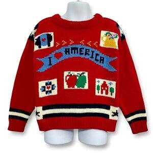 Eagles Eye Vintage 90s Kids Hand Knit I Love America Red Patriotic Sweater 6/6X